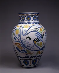 Majolika-vase bemalet og dekoreret med en fugl (keramik)