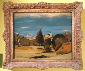 Træer og landsby, ca. 1932 (olie på lærred)