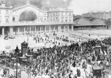 Gare de lEst-banegården i mobiliseringsperioden, Paris, Frankrig, 1914.