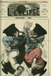 Faktiske, preussiske soldater og franskmænd danser foran den fransk-preussiske krigs kanoner. Cover i "" L