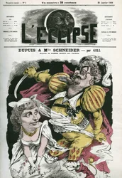 Beard-Bleue, operamad på Offenbachs musik på Varietes-teatret, med Dupuis som “Beard-Bleue” og Hortense Schneider som Boulotte. Cover i "" L