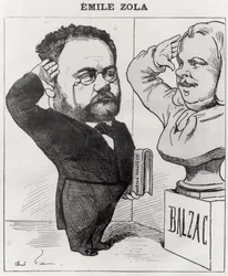 Karikatur af Emile Zola (1840-1902), der hilser på en buste af Honore de Balzac (1799-1850) 1878