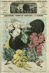 Gulerødder, ruder og radikale, de forskellige politiske partier i grøntsager i magtens gryde. Tegning, der erstatter tegneserien af Gill, censuree. Cover i "" L