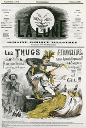 Tegneserie af "Thugs", en kult af fremmede, tilbedere af Kali udryddet af britiske bosættere. Tegnefilm af Gill, i "Månen", 2. september