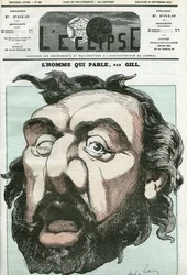 Tegneserie af "manden der taler"", Leon Gambetta (1838-1882), fransk politiker. Cover i "" L