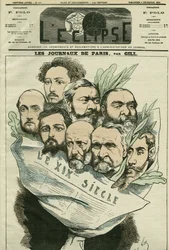 Tegneserie af teamet fra avisen "" Le XIXe siècle"", instrueret af Edmont About (1828-?), en fransk mand med bogstaver. Cover i "" L