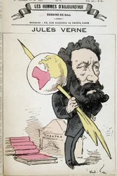 Jules Verne kniber jorden til sin pen - af Gill, i "The men of today""