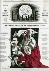 Le Boeuf gras et sa lament, illustration af en sang. Tegnefilm af Gill, i "La Lune", 3. marts