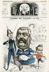 Portræt af Albert Wolff, Hippolyte de Villemessant (1812-1879) og Henri Rochefort (1831-1913), journalister ved Figaro. Tegnefilm af Gill, i "Månen", 3. januar