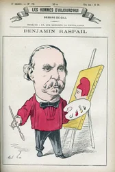 Portræt af Benjamin Raspail (1823-1899), en fransk maler og politiker, som tog initiativ til loven, der gjorde den 14. juli til nationaldag. Karikatur af Gill, Paris.