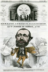 Portræt af Viconte Ponson du Terrail (1829-1871), fransk populær forfatter, forfatter til en roman-sæbeopera. Tegnefilm af Gill, i "Månen", 24. februar