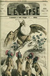Ørnen og hanerne, ifølge fabelen, holder Napoleonørnen Frankrig i næbbet klar til at frigive det til ræve med et hanehoved. Cover i "" L