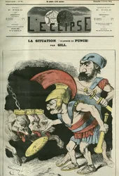 Situationen, tegneserie af Adolphe Thiers (1797-1877) og Leon Gambetta (1838-1882), der giver et ministerium til royalistiske og bonapartistiske hunde. Cover i "" L