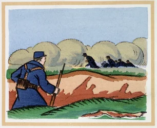22. april 1915: Tyskerne bruger asphixiant gasser - i "The Book of Heroic Hours 1914/1918"" af Andre Helle (1871-1945)