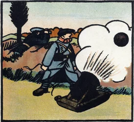 Første Verdenskrig 1914-1918 (14-18): Bombekaster. En fransk soldat sender bomber mod fjenden med en kanon. Gravering i "Alfabetet fra den store krig 1914-1916 (til vores soldaters børn)". Editions Berger-Levrault