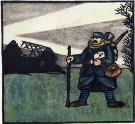 Første Verdenskrig 1914-1918 (14-18): Behåret. Portræt af en fransk soldat i militæruniform med rygsæk, taske og gevær. Gravering i "Alfabetet fra den store krig 1914-1916 (til vores soldaters børn)". Editions Berger-Levrault