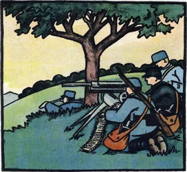 Første Verdenskrig 1914-1918 (14-18): Soldater fra den franske hær bruger maskingeværer på slagmarken. Gravering i "Alfabetet fra den store krig 1914-1916 (til vores soldaters børn)". Forlaget Berger-Levrault