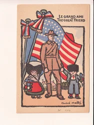 Postkort, satirisk i farver: Le grand ami den store ven - Krigen 14-18, Amerika, Alsace Lorraine Illustration af Andre Helle (1875-1945)