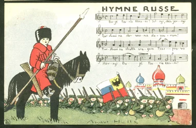 Postkort, satirisk i farver: Russian Anthem - War of 14 -18, Russia, Singing - Soldiers Illustration by Andre Helle (1875-1945)