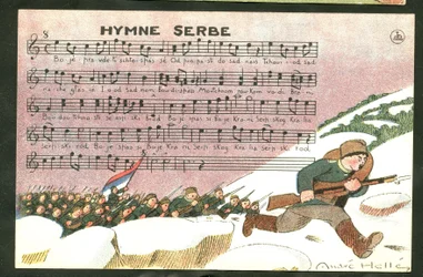 Postkort, satirisk i farver: Serbisk hymne - krigen 14-18, sang, Serbien - soldater Illustration af Andre Helle (1875-1945)