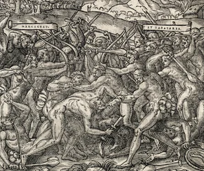 Kamp mellem Margageaz og Tabajares stammer, gravering fra Universal Cosmology, af Andre Thevet (1504-1592)
