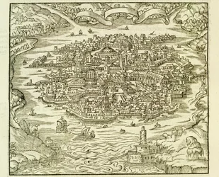 Byen Quinsai (nu Tianjin), gravering fra La Cosmographie Universelle (Universal Cosmography) af Andre Thevet