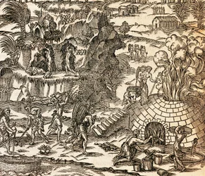 Indiske slaver arbejder i mine i Cuba, Illustration fra Cosmography af Andre Thevet, gravering
