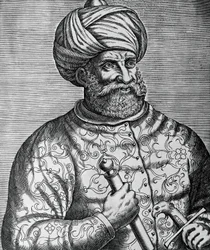 Portræt af Khayr al-Din, kendt som Barbarossa (1465-1546), tyrkisk korsar og admiral, gravering af Andre Thevet (1502-1590)