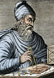 Videnskab: Archimedes af Syrakus (287-212 f.Kr.), græsk matematiker fra antikken, bruger en glidefod til planerne for Archimedes skrue, som han synes at fortælle om princippet i Egypten, og som han bruger til at hæve vand. Farvestik fra det 19. århundrede