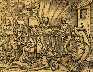 Tupinamba kannibalstamme i Brasilien, gravering fra Les singularitez de la France antarctic, af Andre