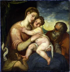 Den hellige familie med Johannes Døberen par Schiavone, Andrea (ca. 1520-1582). Olie på lærred, størrelse: 98x93, , Prags slot