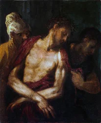 Ecce Homo par Schiavone, Andrea (ca. 1520-1582). Olie på træ, størrelse: 34,9x31,4