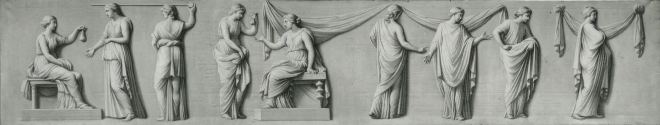 Et grisaille-panel, der forestiller et kvindeoptog med tårer