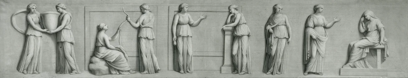 Et grisaille-panel, der viser kvindefigurer inklusive muser