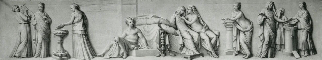 Et grisaille-panel, der viser scener baseret på Aldobrandini-ægteskabet