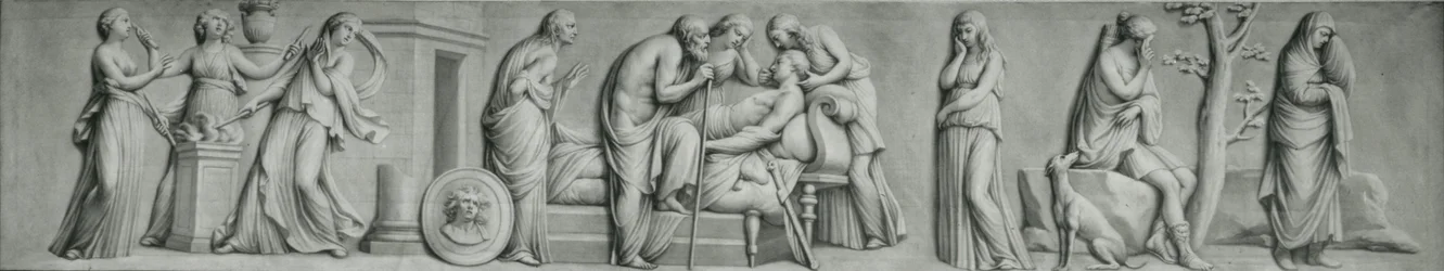 Et grisaille-panel, der viser scenen for Meleagers død