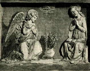 Bebudelse, af Andrea Della Robbia (1435-1525 eller 1528), oratorium for Madonna del Buon Consiglio, Prato, Toscana, Italien, træsnit fra Le cento citta d