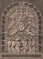 Antagelse af Jomfru, af Andrea della Robbias værksted (1435-1525 eller 1528), Pinacoteca di Citta di Castello, Umbrien, Italien, træsnit fra Le cento citta d
