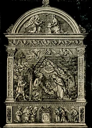Nativity, terracotta altertavle af Andrea della Robbia, fra Saint Clare kirke, Sansepolcro Civic Museum, Toscana, Italien, træsnit fra Le cento citta d