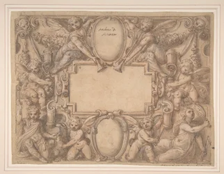 En kartouche og to skjolde omgivet af allegoriske figurer., 1570-1631.