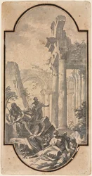 Figurer nær ruinerne af et korintisk tempel (recto)