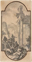 Figurer nær ruinerne af et korinthisk tempel recto, fragment af en bue sporing fra recto ver