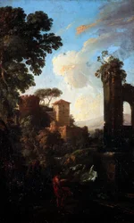 Landskab med ruiner og maler, af Andrea Locatelli (1695-1741), olie på lærred, 41x25 cm.