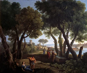 Landskab med kvinder ved en brønd, af Andrea Locatelli (1695-1741), olie på lærred, 61x73 cm.