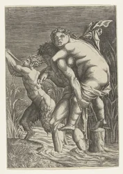 Mand bærer kvinde på ryggen og en satyr