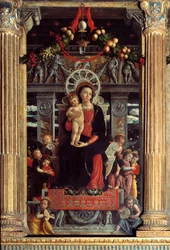 Altertavle af san Zeno: midterpanel "" Madonna et barn med ni engle"" Maleri af Andrea Mantegna (1431-1506) 1457-1459 Verone, Basilica di San Zeno, Italien