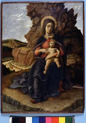 Andrea Mantegna, "Jomfruen af stenbrud"": Jomfru og barn og på baggrunden stenbrud med arbejdere på arbejde, Uffizi Gallery, Firenze