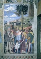 Ankomst af kardinal Francesco Gonzaga, mødt af sin far Marchese Ludovico Gonzaga III regerede 1444-78 og hans brødre, fra Camera degli Sposi eller Camera Picta, 1465-74 freskodetalje af 78449
