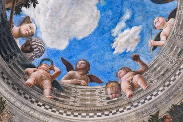 Balustrade med en hofdame, hendes sorte tjener og nogle putti, ca. 1465-74