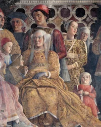 Barbara af Brandenburg med sin datter Paula og Rodolfo Gonzaga, detalje fra Hofmuren, af Andrea Mantegna (1431-1506), freskomaleri, San Giorgio Slot, Bryllupskammer eller Camera Picta, Mantua